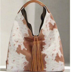 NWT Brown Faux Suede Cow Print Hobo Tote Bag With Tassels